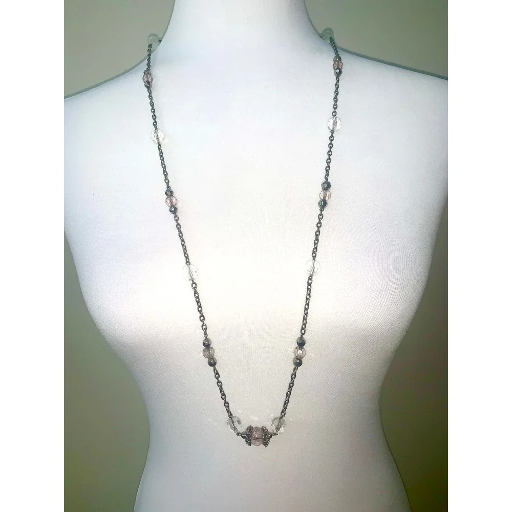New York & Company Silver Tone Antique Style Glass Bead Station Necklace